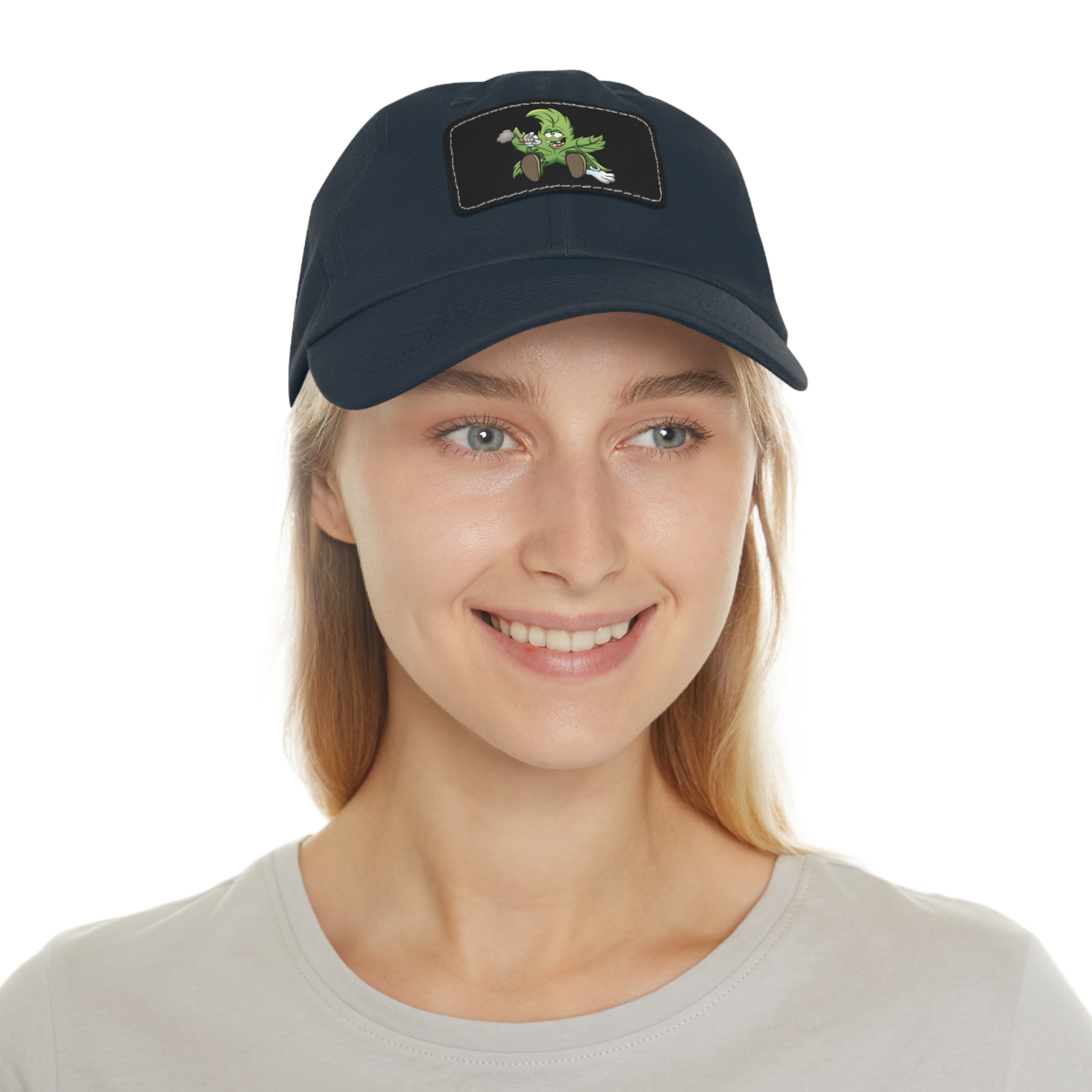 Green Leaf Mascot Dad Hat with Leather Patch — Cute Plant Cartoon Cap