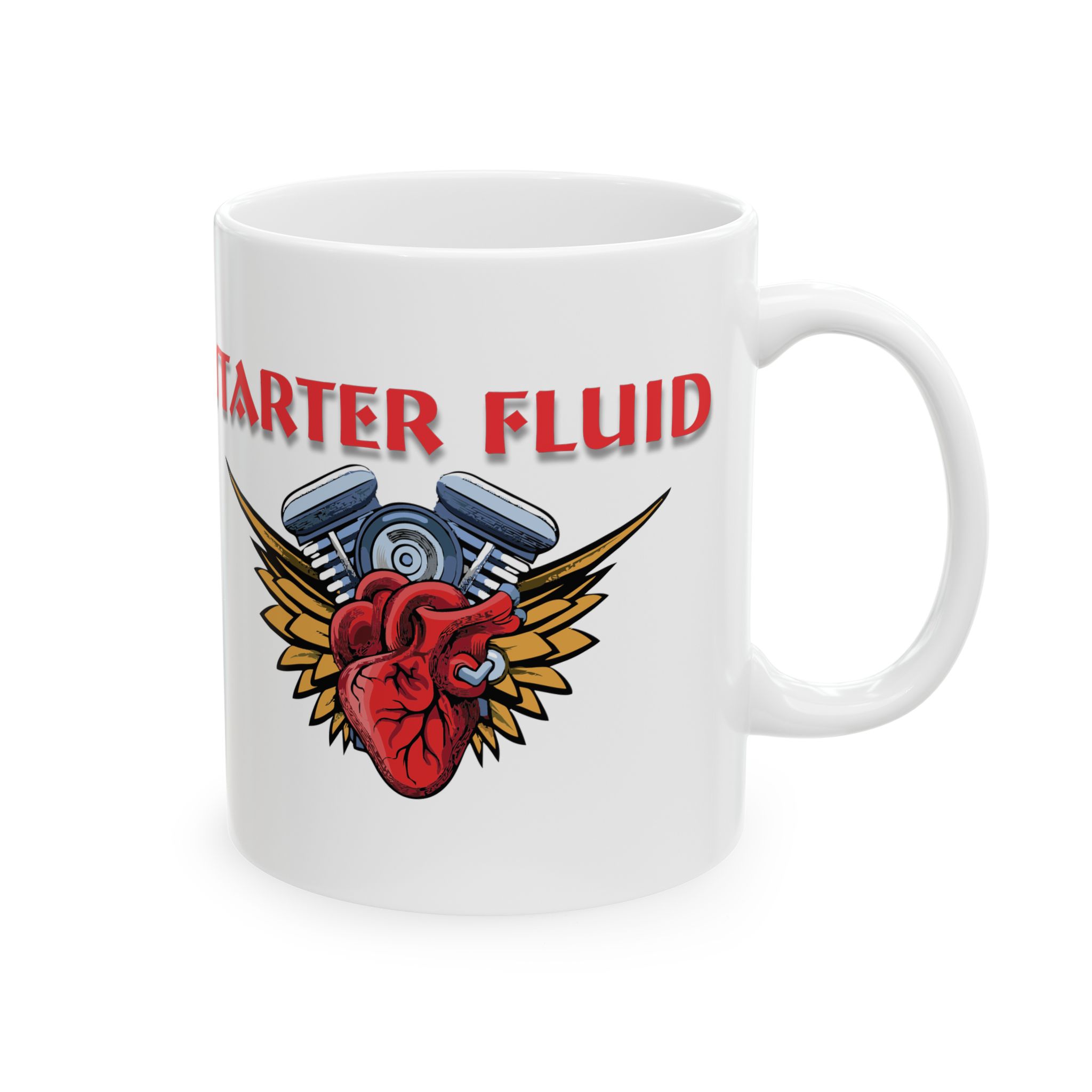 Starter Fluid Sticker-Style Ceramic Mug — ‘Starter Fluid Starts’ Vintage Engine Heart Design